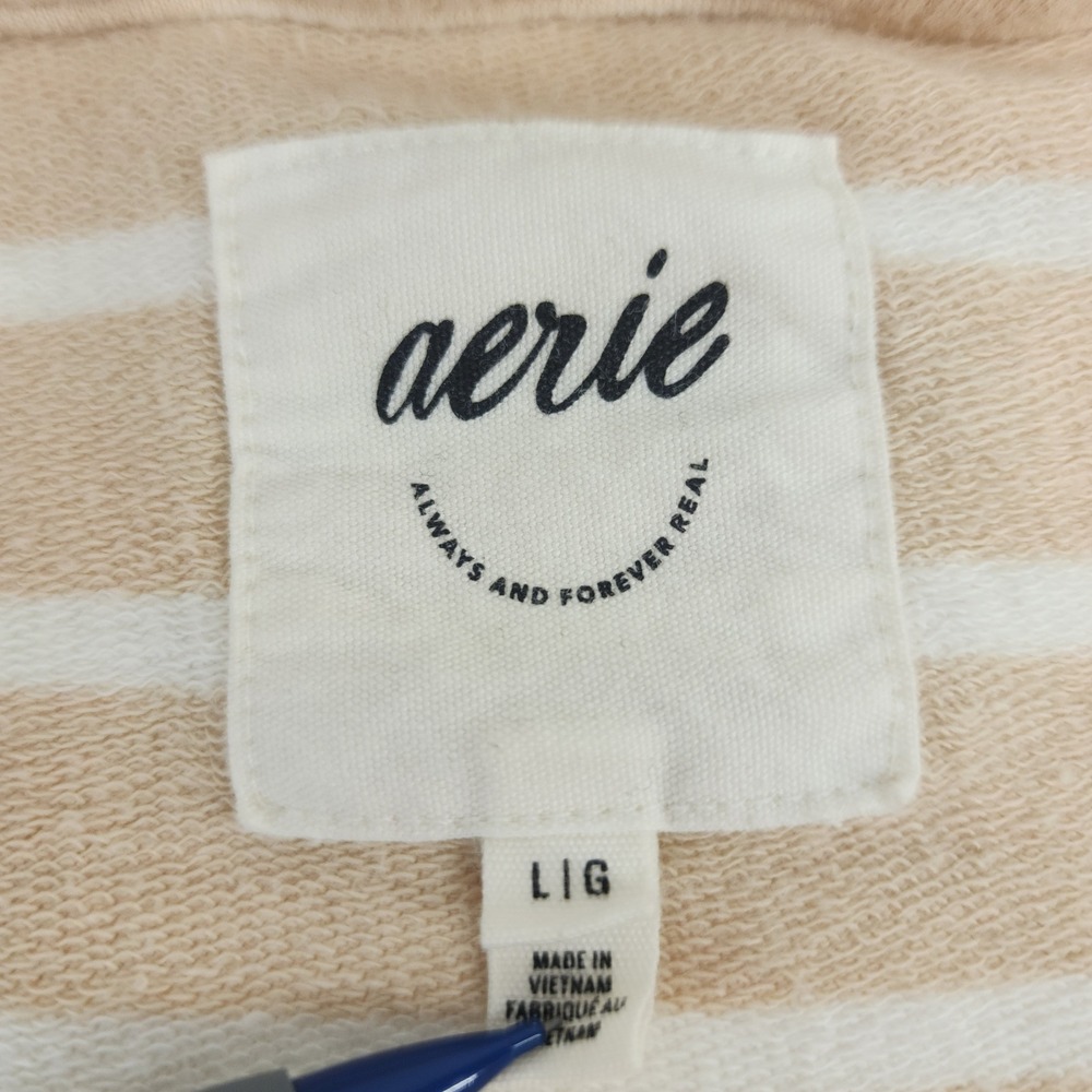 Aerie Large | Tan White Striped Henley Pullover Sweatshirt Coastal Grandma - Picture 3 of 5